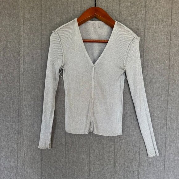 90s Vintage Gap Silver Metallic V Neck Button Up Ribbed Knit Cardigan Size M - Picture 10 of 14
